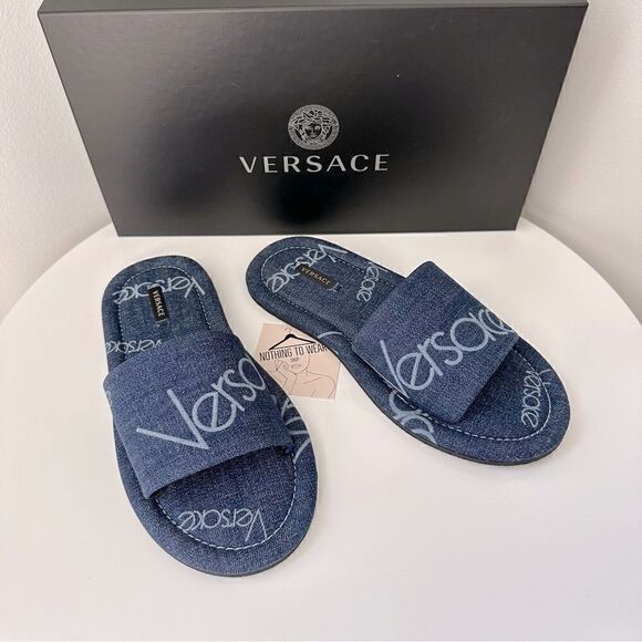 ⭕️ VERSACE Denim Slippers Sandals Blue Logo Women’s Designer 8.5 - Picture 2 of 9